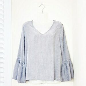 Pleione Bell Sleeve Stripe Blouse Grey White Women's Medium M V-Neck Button Back